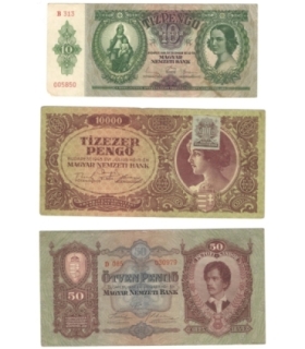 Banknoty 10, 50 1.000 Pengo, Węgry 1930-1945, stany 2/3