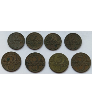 Zestaw monet 4 x 2 grosze i  4 x 5 groszy II RP