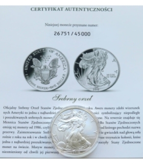 USA, 1 dolar "Srebrny Orzeł", 1 Oz, 2010, certyfikat, mennicza