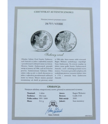 USA, 1 dolar "Srebrny Orzeł", 1 Oz, 2010, certyfikat, mennicza