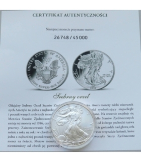 USA, 1 dolar "Srebrny Orzeł", 1 Oz, 2010, certyfikat, mennicza