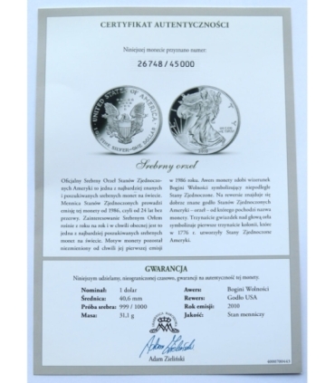 USA, 1 dolar "Srebrny Orzeł", 1 Oz, 2010, certyfikat, mennicza