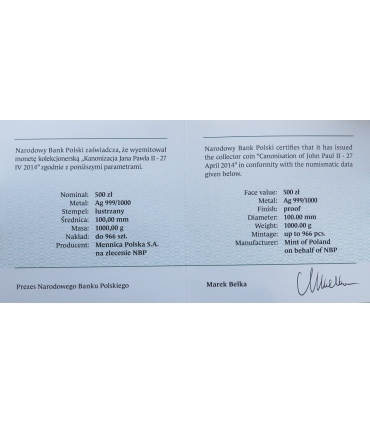 500 zł Kanonizacja Jana Pawła II 2014, Srebro Ag999, 1 kg