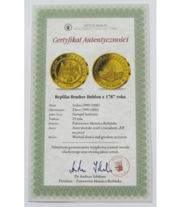 Replika Brasher Dublon 1787, srebro złocone