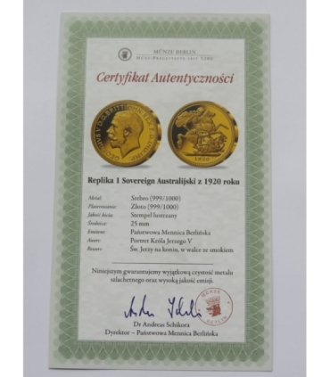 Replika Sovereighn Suweren Australijski 1920, srebro złocone