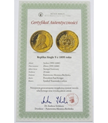 Replika Single 9 z 1898, Afryka Południowa, srebro złocone