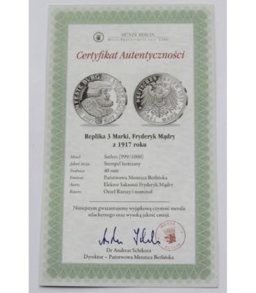Replika, 3 marki, Fryderyk Mądry z 1913, srebro 999