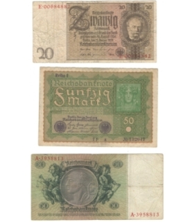 Niemcy, 3 banknoty. 20 i 50 marek, 1919-1933, serie A, E, TFa