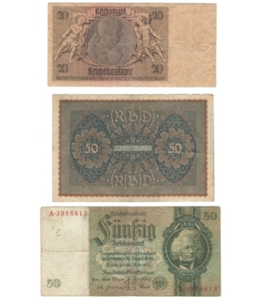 Niemcy, 3 banknoty. 20 i 50 marek, 1919-1933, serie A, E, TFa