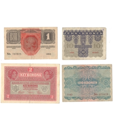 Austro-Węgry, zestaw banknotów 1914-1922, stan 3/4