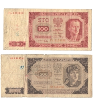 100 zł ser. FA i 500 zł seria AM, 1948, stany 5