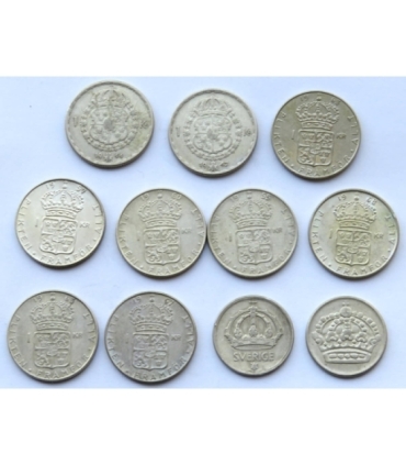 Szwecja, zestaw 11 monet, 1 korona i 50 ore, 1944-1953