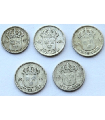 Szwecja, zestaw 5 monet, 10 i 25 ore, 1914-1940