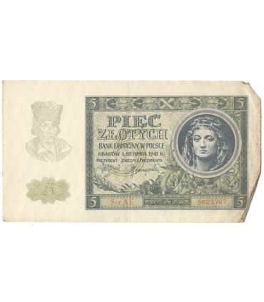 Banknot 5 złotych 1941 stan 3-, Ser. AE 5023787