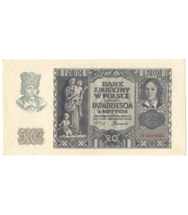 Banknot 20 złotych, 1940, seria H 2699223, stan 2+