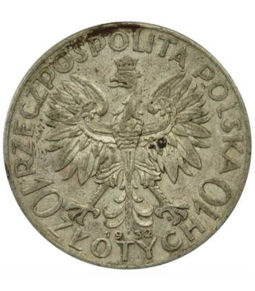 10 złotych, Głowa kobiety, 1932 ze znakiem, stan 3