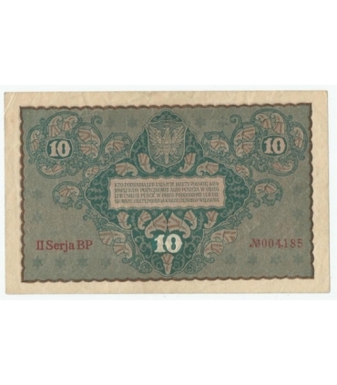 10 marek polskich , rok 1919, stan 1-, II Serja BP 004,185, niski numer