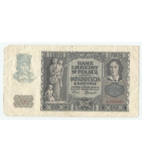 Banknot 20 złotych, 1940, seria A 7540690, stan 3