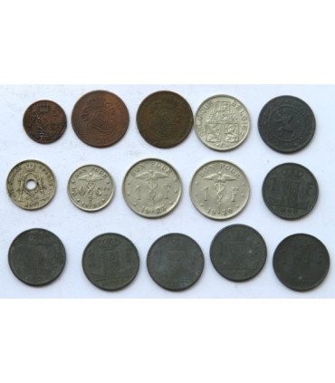 Belgia, zestaw monet 1873-1944, 15 sztuk
