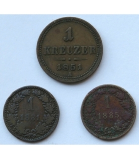 Austria, 1 krajcar 1851 A + 2 x 1 krajcar Austro-węgry,  1881 i 1885 r.