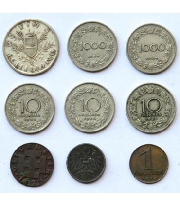 Austria, 9 monet 1918-1929, również srebro