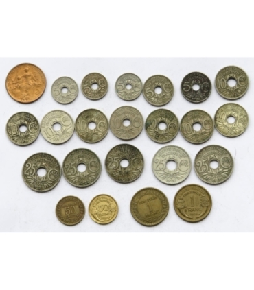 Francja, centesimi i franki, zestaw 23 sztuki, lata 1917-1939