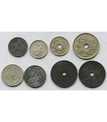 Belgia - 1 frank, 5, 25, 50 centów, lata 1916-1944