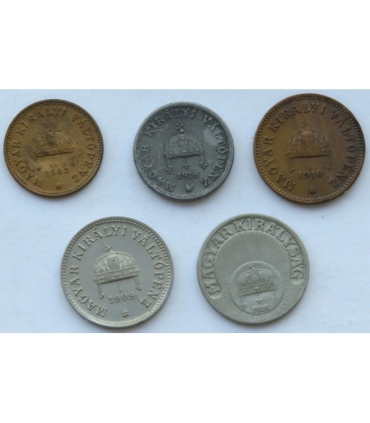 Węgry, monety z lat 1902-1926, zestaw 5 sztuk