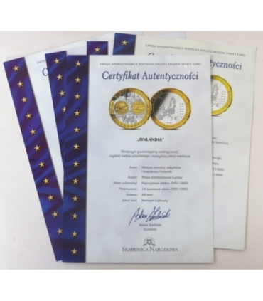 Zestaw 5 x Wspólna waluta Europy, Ag 999 + pudełko