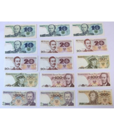 PRL, 10, 20, 50, 100, 200, 500 zł, 1979-1988, 16 sztuk, stan 1-/2