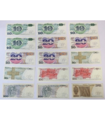PRL, 10, 20, 50, 100, 200, 500 zł, 1979-1988, 16 sztuk, stan 1-/2