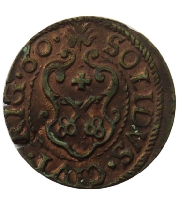 Liwonia Ryga Szwedzka okupacja, 1 solidus, 1660, przesunięty stempel