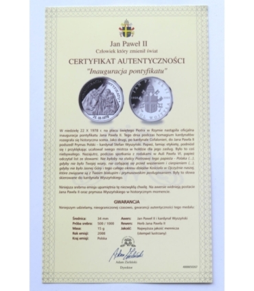 Polska, medal Jan Paweł II, Inauguracja pontyfikatu, 2008 r.