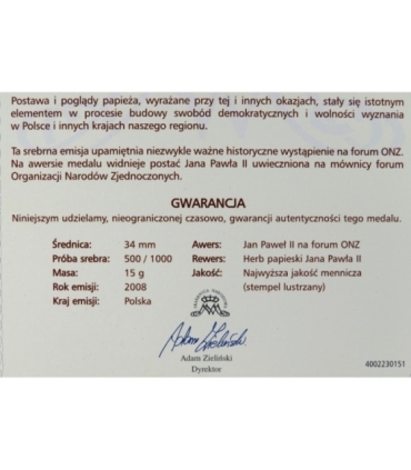 Polska, medal Jan Paweł II, Przemówienie na forum ONZ. certyfikat