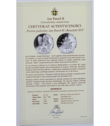 Polska, medal Jan Paweł II i Benedykt XVI, certyfikat