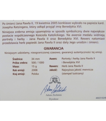 Polska, medal Jan Paweł II i Benedykt XVI, certyfikat