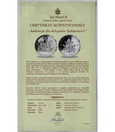 Polska, medal Audiencja dla delegatów Solidarności, certyfikat