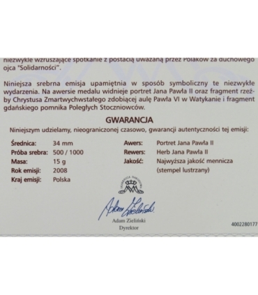 Polska, medal Audiencja dla delegatów Solidarności, certyfikat