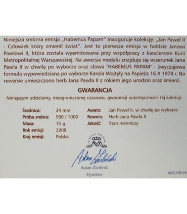 Polska, medal Habemus Papam, srebro certyfikat