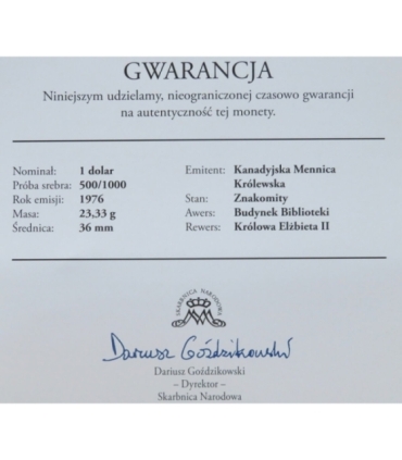 Kanada, 1 dolar 1976, Biblioteka parlamentu, srebro, certyfikat