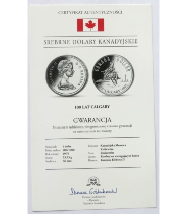 Kanada, 1 dolar 1975, 100 lat Calgary, srebro, certyfikat