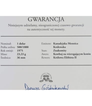 Kanada, 1 dolar 1975, 100 lat Calgary, srebro, certyfikat