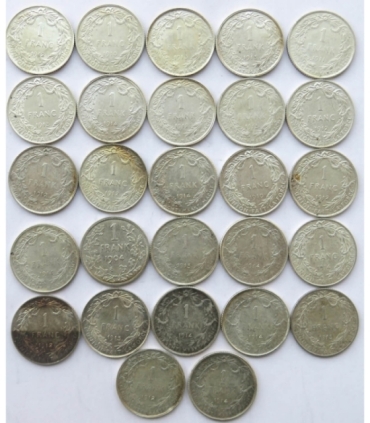 Lot 27 szt. 1 frank Belgia Ag 1910-1914, srebro