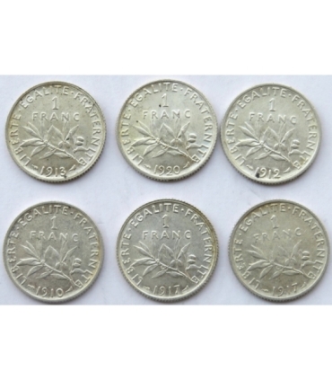 Lot 6 szt. 1 frank Francja Ag 1910-1920, srebro