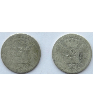 Lot 2 szt. 1 frank Belgia Ag 1867, 1869