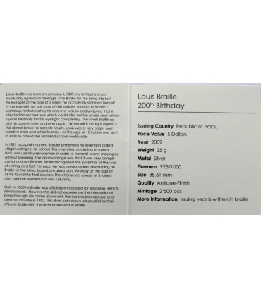 5 $, Wyspy Palau - 200 lat urodzin Braille'a, 2009