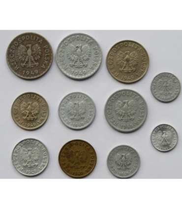 Zestaw 11 monet obiegowych z roku 1949, stany od 1 do 3
