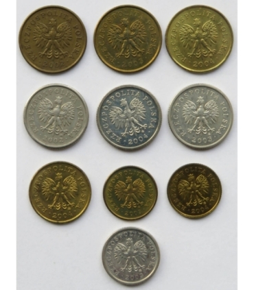 Zestaw 10 monet groszowych 2002-2004: 2x1 grosz, 1x2 grosze, 3x5 groszy, 1x10 groszy, 3x20 groszy