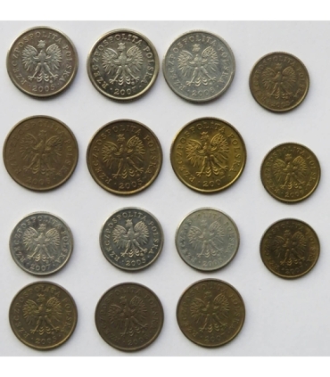 Zestaw 15 monet groszowych z lat 2005-2007 (od 1 do 20 groszy), stany 1 / 1-