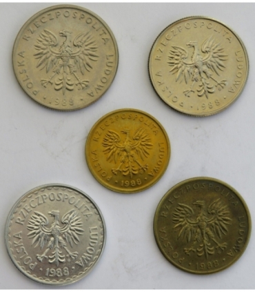 Lot: 5 monet obiegowych PRL z roku 1988, stany 1/1-